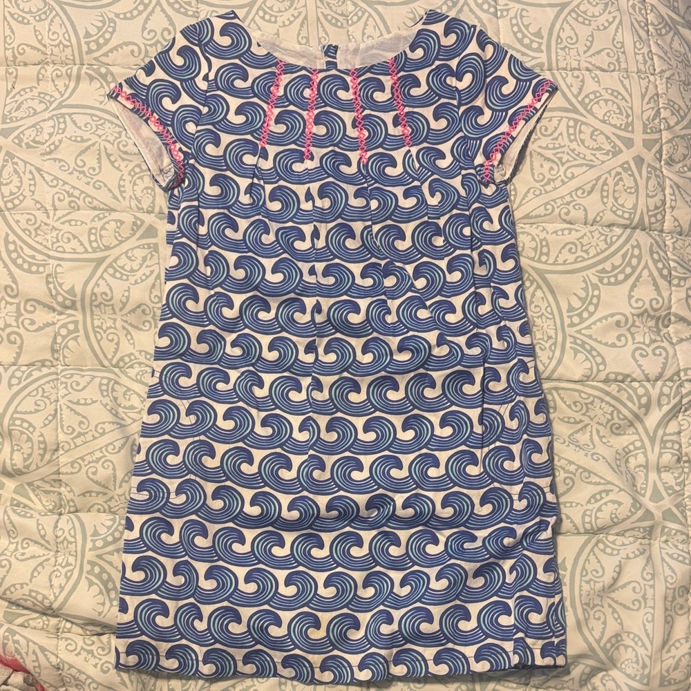 Vineyard Vines Girls Blue and White Wave Print Dress with Pink Trim